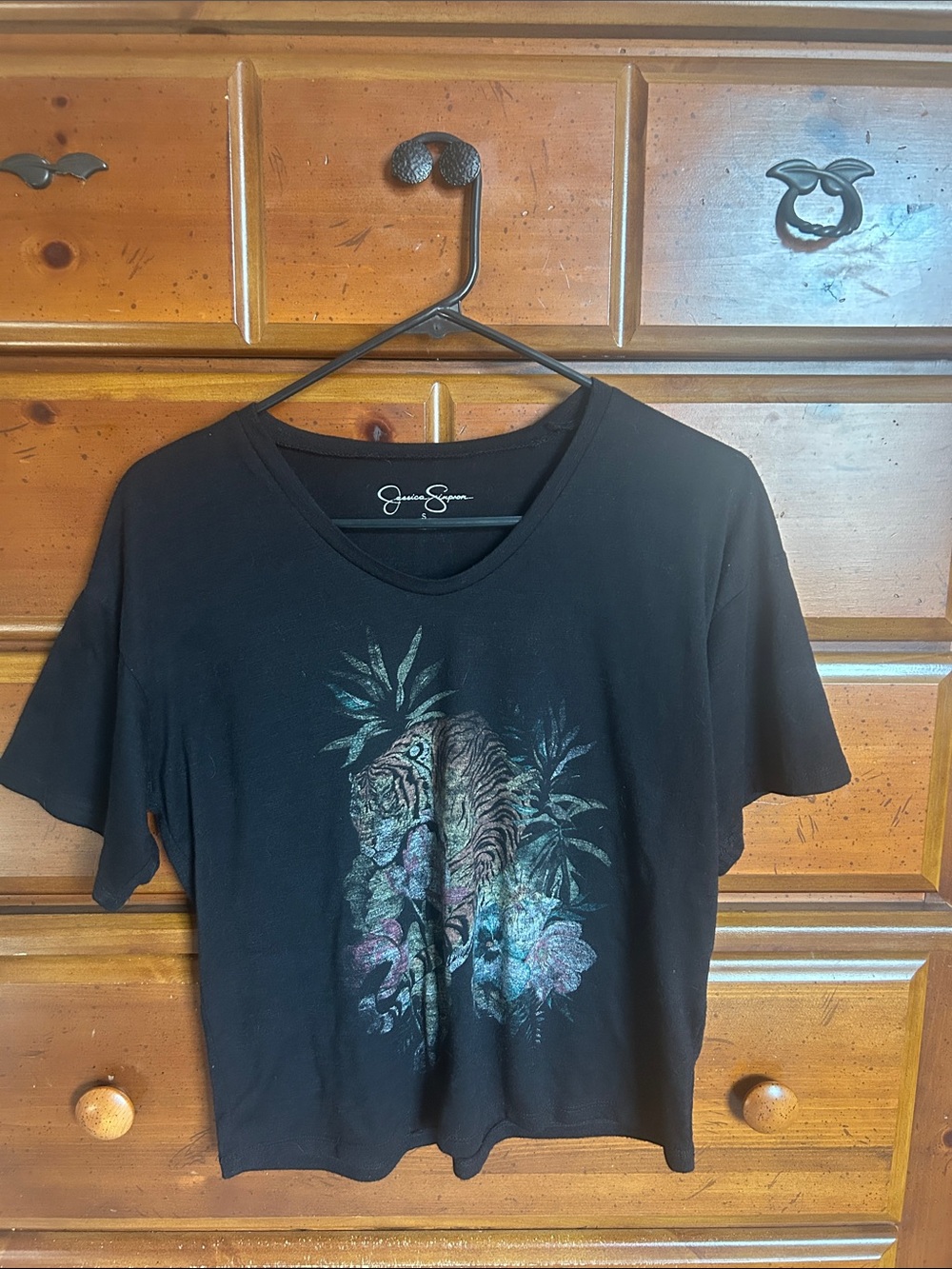Jessica Simpson Black Short-Sleeve Tiger & Floral Graphic Tee